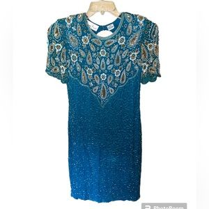 Lawrence Kazar Vintage Silk Sequins Beaded Teal Dress Large